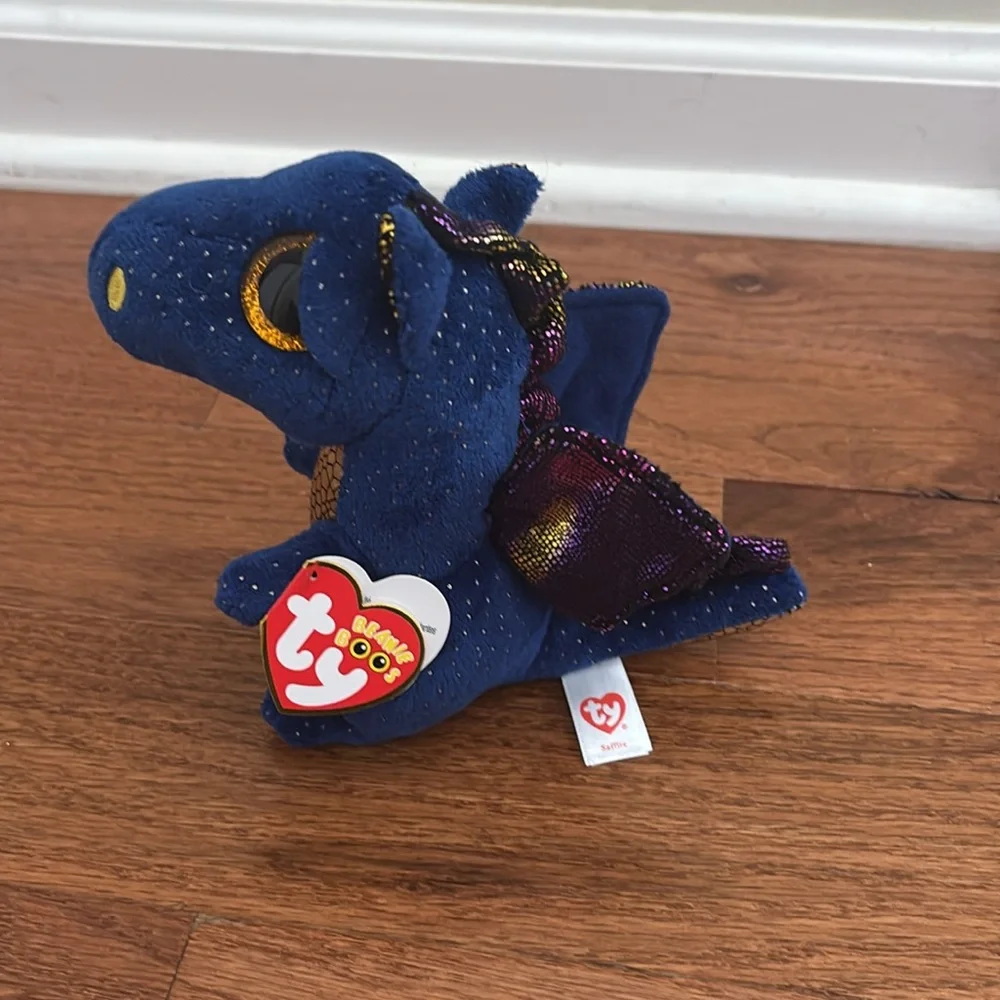 NWT TY beanie boo’s collection “saffire ” Blue, gold & purple Plush Dragon Toy - Picture 2 of 8